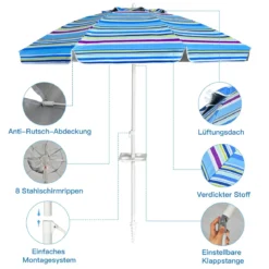 2,2 M Strandschirm UPF50 + Sonnenschutz Tragbarer Sonnenschirm Terrassenschirm