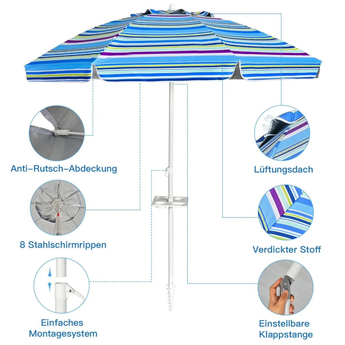 2,2 M Strandschirm UPF50 + Sonnenschutz Tragbarer Sonnenschirm Terrassenschirm