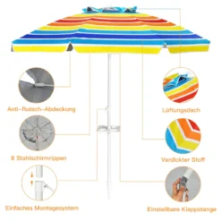 2,2 M Strandschirm UPF50 + Sonnenschutz Tragbarer Sonnenschirm Terrassenschirm