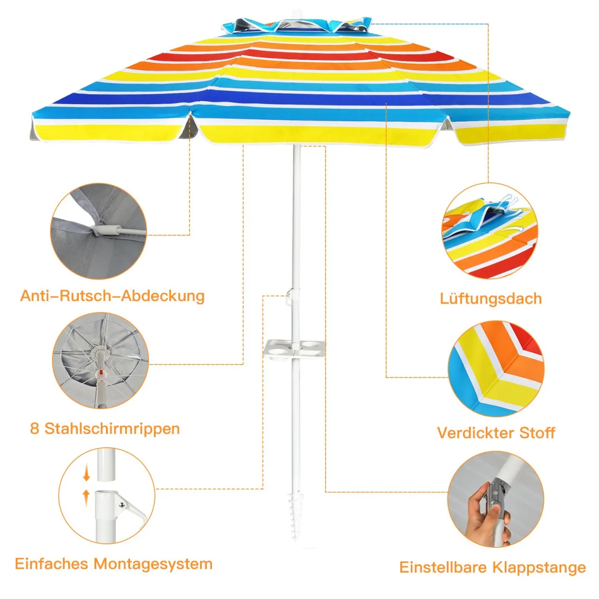 2,2 M Strandschirm UPF50 + Sonnenschutz Tragbarer Sonnenschirm Terrassenschirm