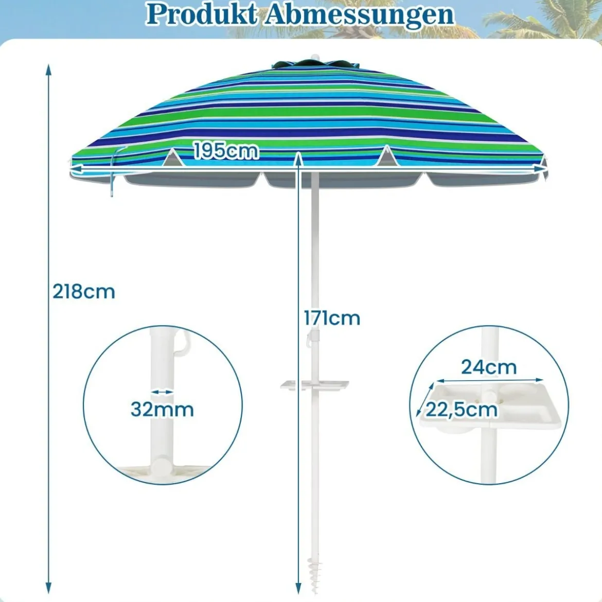 2,2 M Strandschirm UPF50 + Sonnenschutz Tragbarer Sonnenschirm Terrassenschirm
