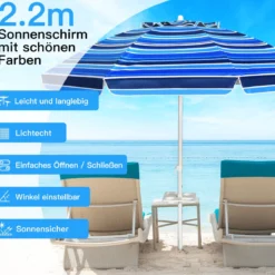 2,2 M Strandschirm UPF50 + Sonnenschutz Tragbarer Sonnenschirm Terrassenschirm