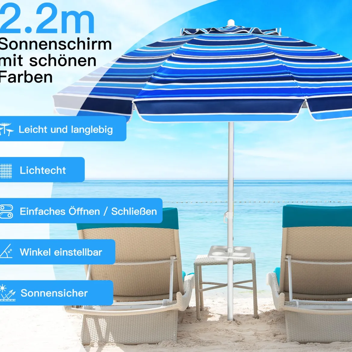 2,2 M Strandschirm UPF50 + Sonnenschutz Tragbarer Sonnenschirm Terrassenschirm