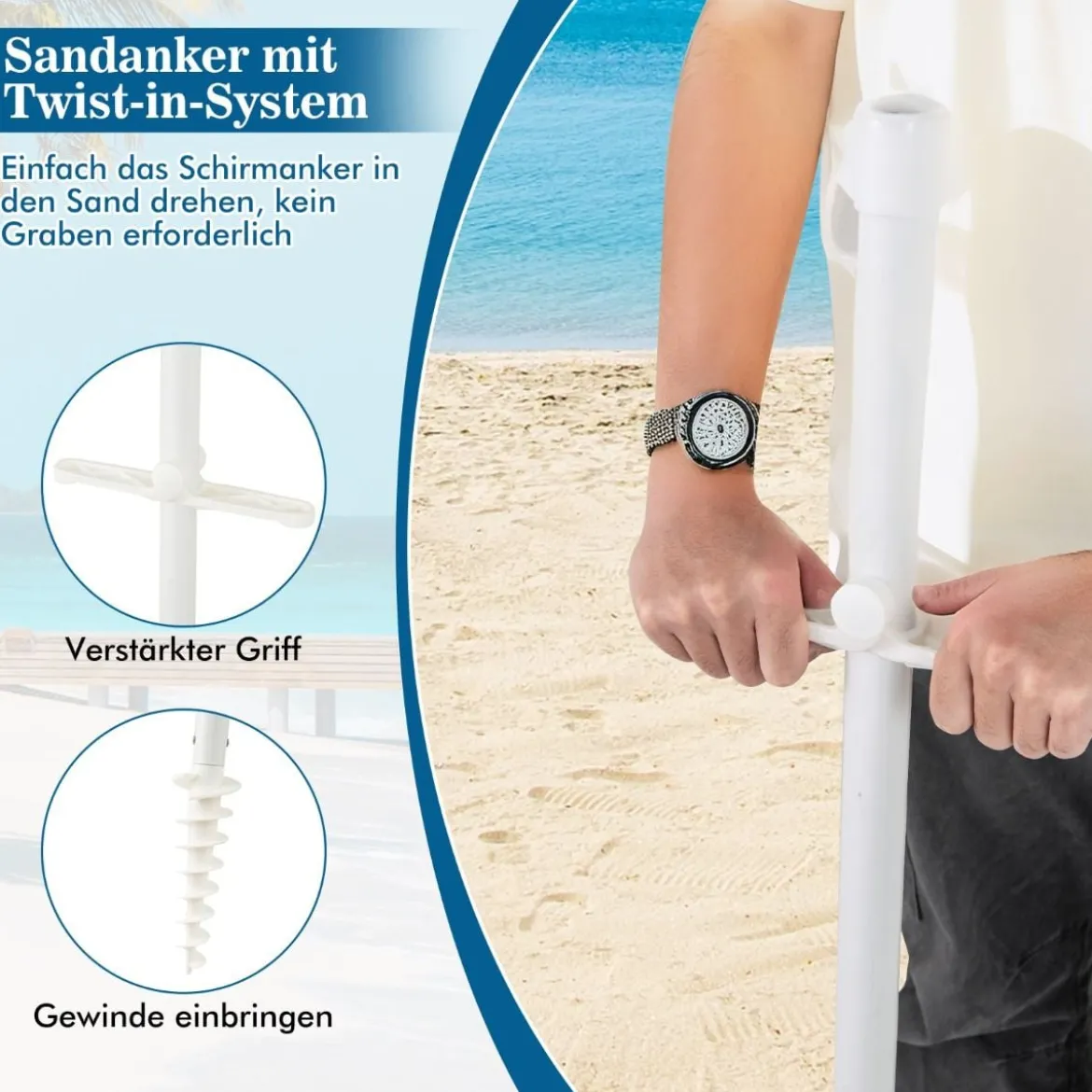 2,2 M Strandschirm UPF50 + Sonnenschutz Tragbarer Sonnenschirm Terrassenschirm