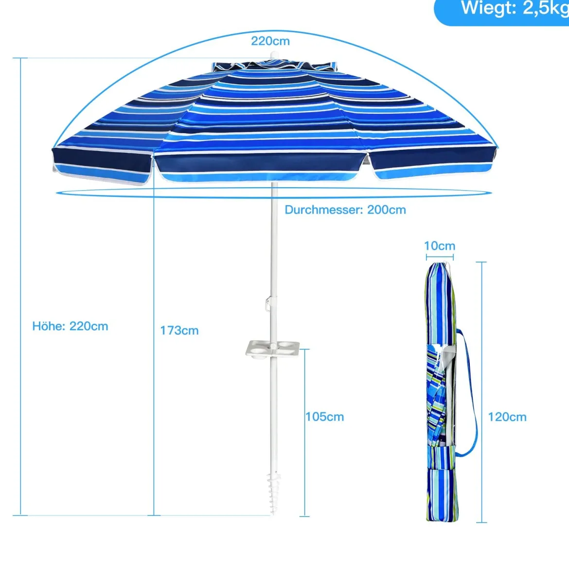 2,2 M Strandschirm UPF50 + Sonnenschutz Tragbarer Sonnenschirm Terrassenschirm