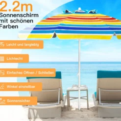 2,2 M Strandschirm UPF50 + Sonnenschutz Tragbarer Sonnenschirm Terrassenschirm