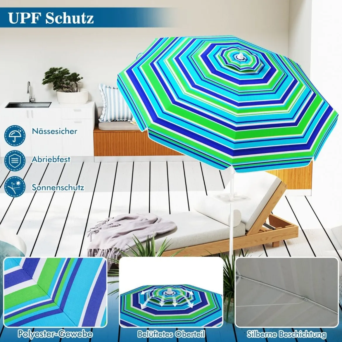 2,2 M Strandschirm UPF50 + Sonnenschutz Tragbarer Sonnenschirm Terrassenschirm
