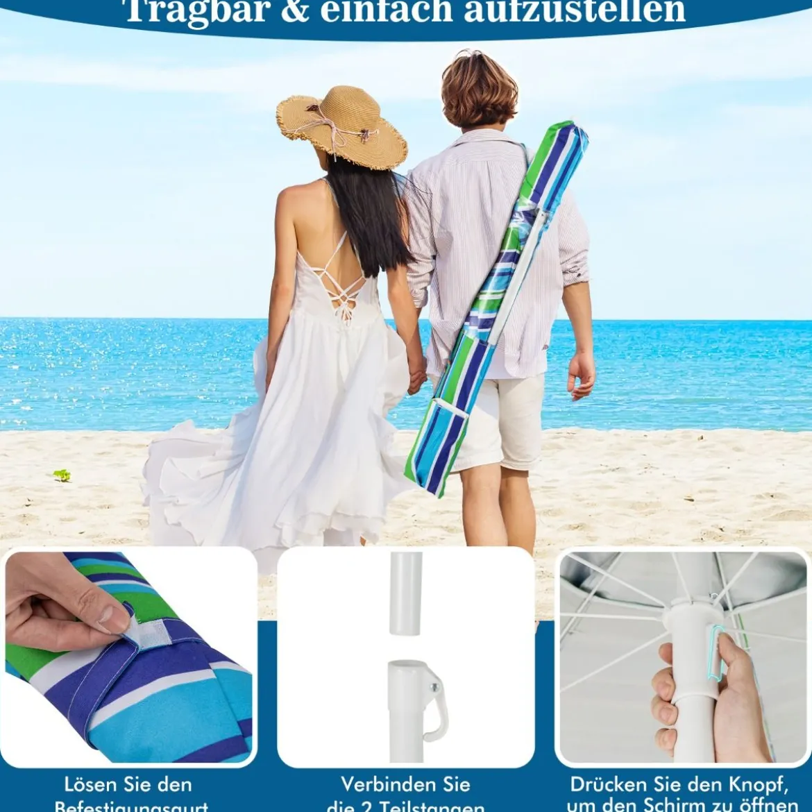 2,2 M Strandschirm UPF50 + Sonnenschutz Tragbarer Sonnenschirm Terrassenschirm