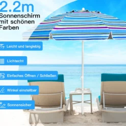 2,2 M Strandschirm UPF50 + Sonnenschutz Tragbarer Sonnenschirm Terrassenschirm
