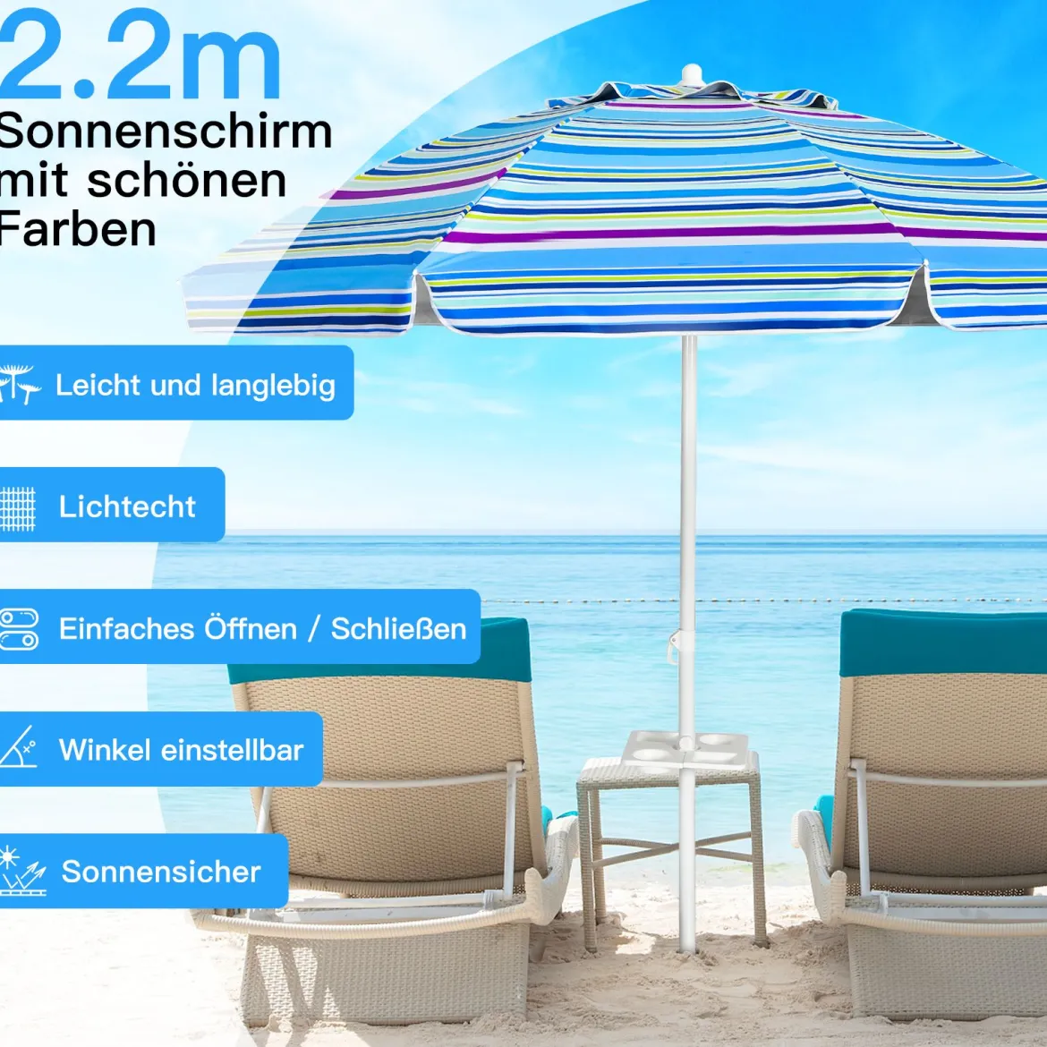 2,2 M Strandschirm UPF50 + Sonnenschutz Tragbarer Sonnenschirm Terrassenschirm