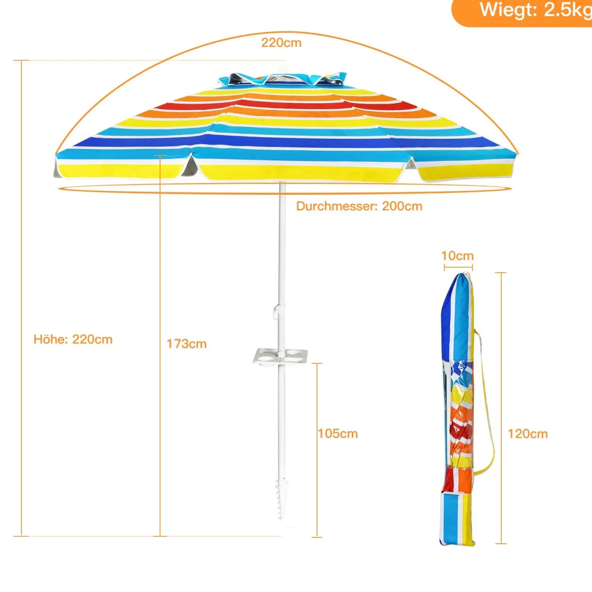 2,2 M Strandschirm UPF50 + Sonnenschutz Tragbarer Sonnenschirm Terrassenschirm