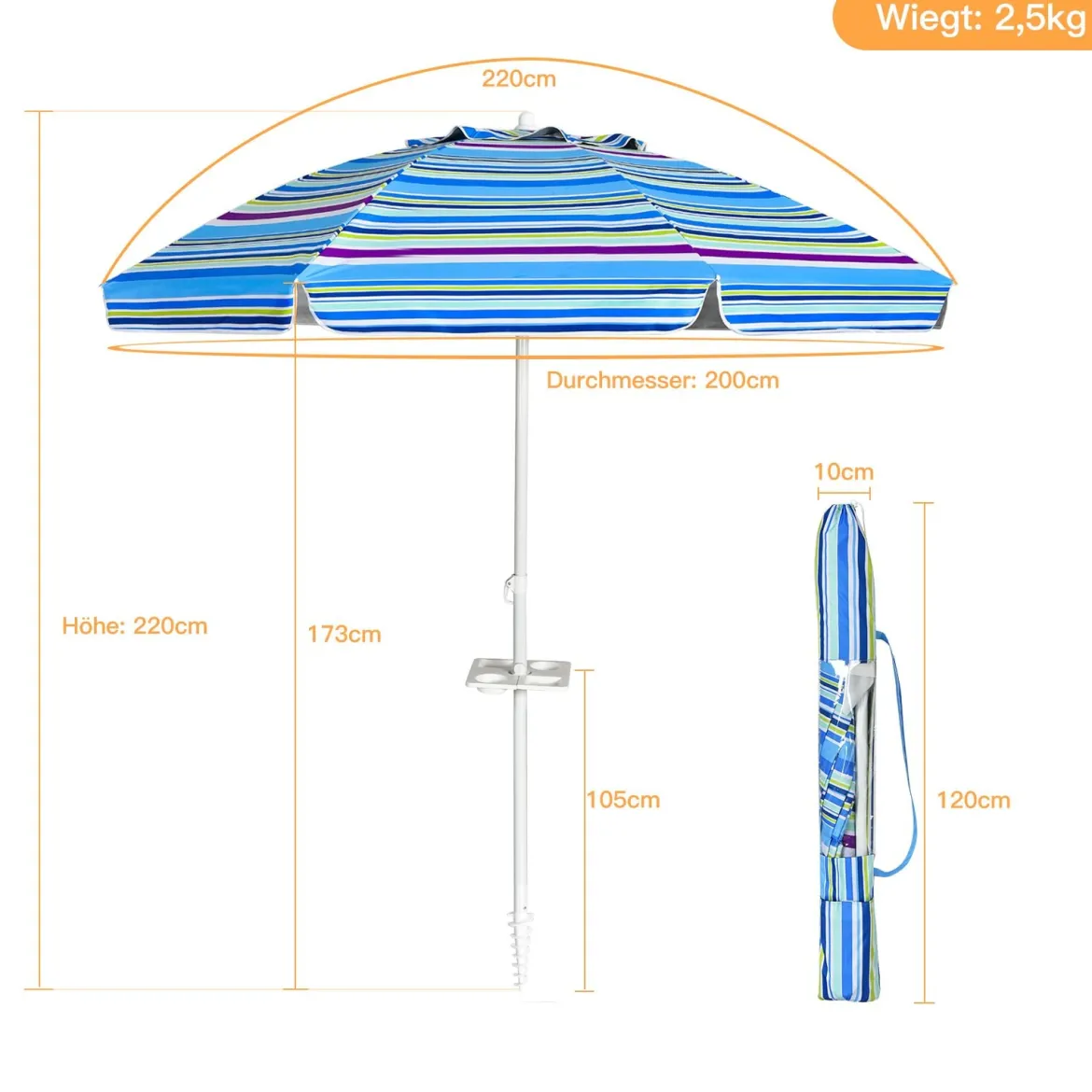 2,2 M Strandschirm UPF50 + Sonnenschutz Tragbarer Sonnenschirm Terrassenschirm