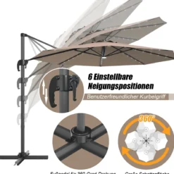 Ø300 m Terrassenschirm mit Solarleuchten Outdoor-Schirm mit 360-Grad-Rotation Ampelschirm LED Sonnenschirm Braun