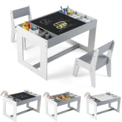 Multifunktionaler Kindertisch & 2 Stühle Set Sitzgruppe Kinder holz mit abnehmbarer doppelseitiger Tischplatte Grau