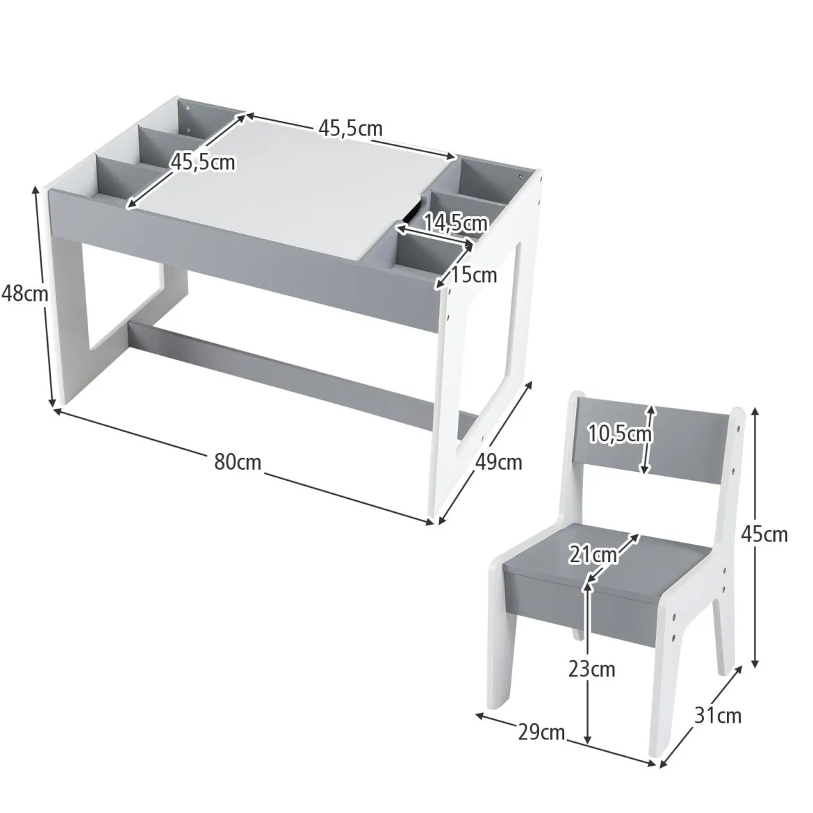Multifunktionaler Kindertisch & 2 Stühle Set Sitzgruppe Kinder holz mit abnehmbarer doppelseitiger Tischplatte Grau