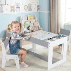Multifunktionaler Kindertisch & 2 Stühle Set Sitzgruppe Kinder holz mit abnehmbarer doppelseitiger Tischplatte Grau