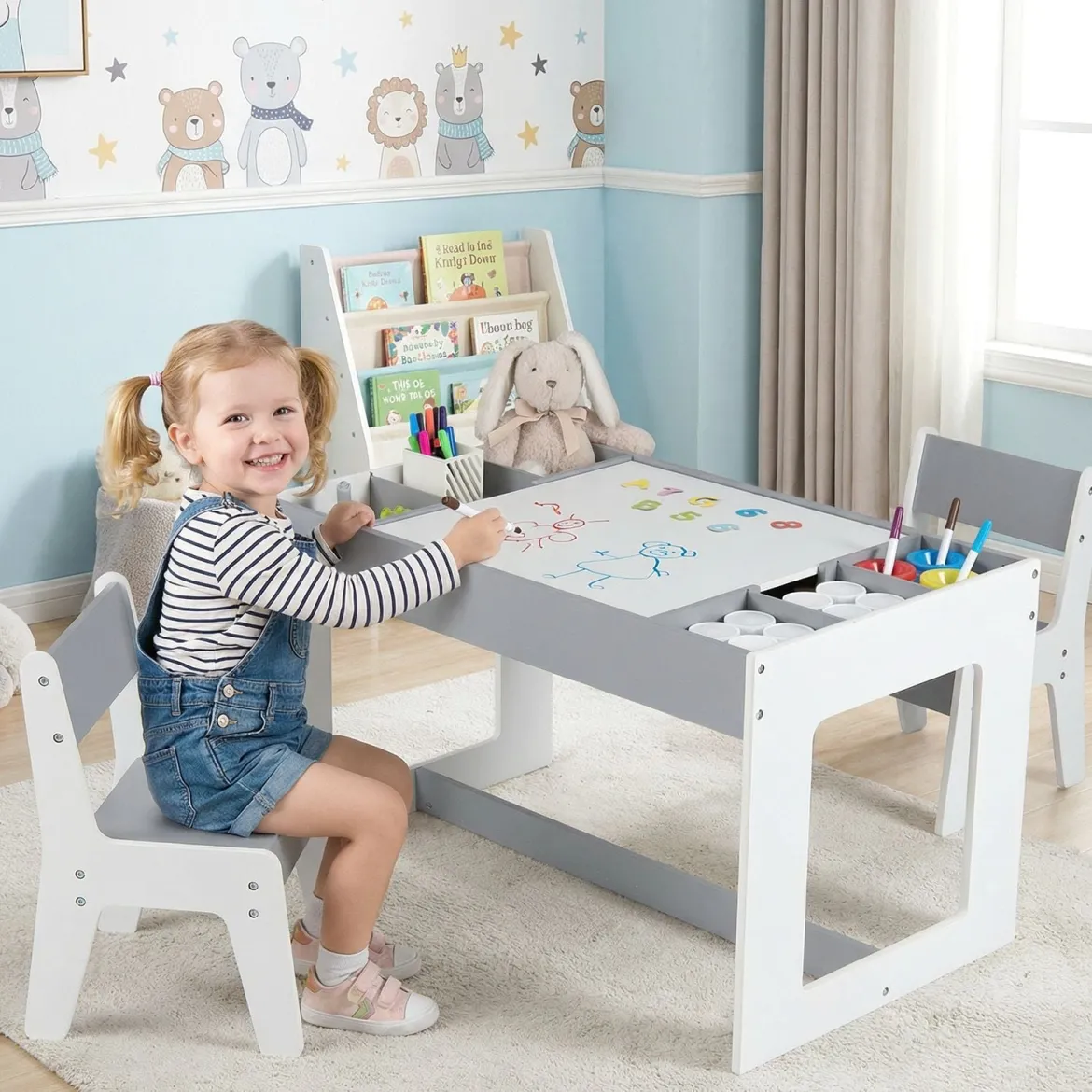 Multifunktionaler Kindertisch & 2 Stühle Set Sitzgruppe Kinder holz mit abnehmbarer doppelseitiger Tischplatte Grau