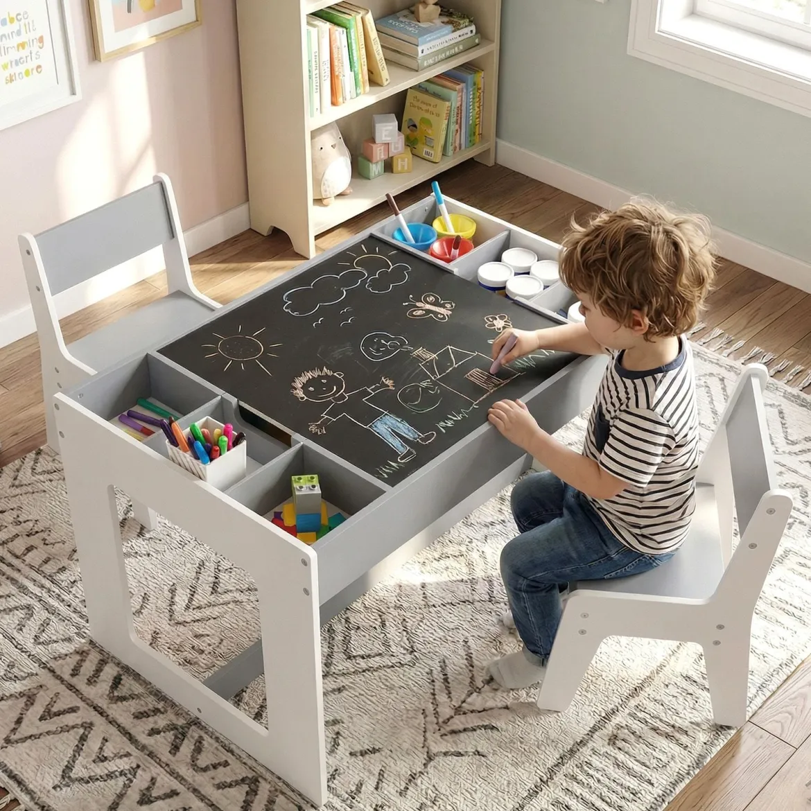 Multifunktionaler Kindertisch & 2 Stühle Set Sitzgruppe Kinder holz mit abnehmbarer doppelseitiger Tischplatte Grau