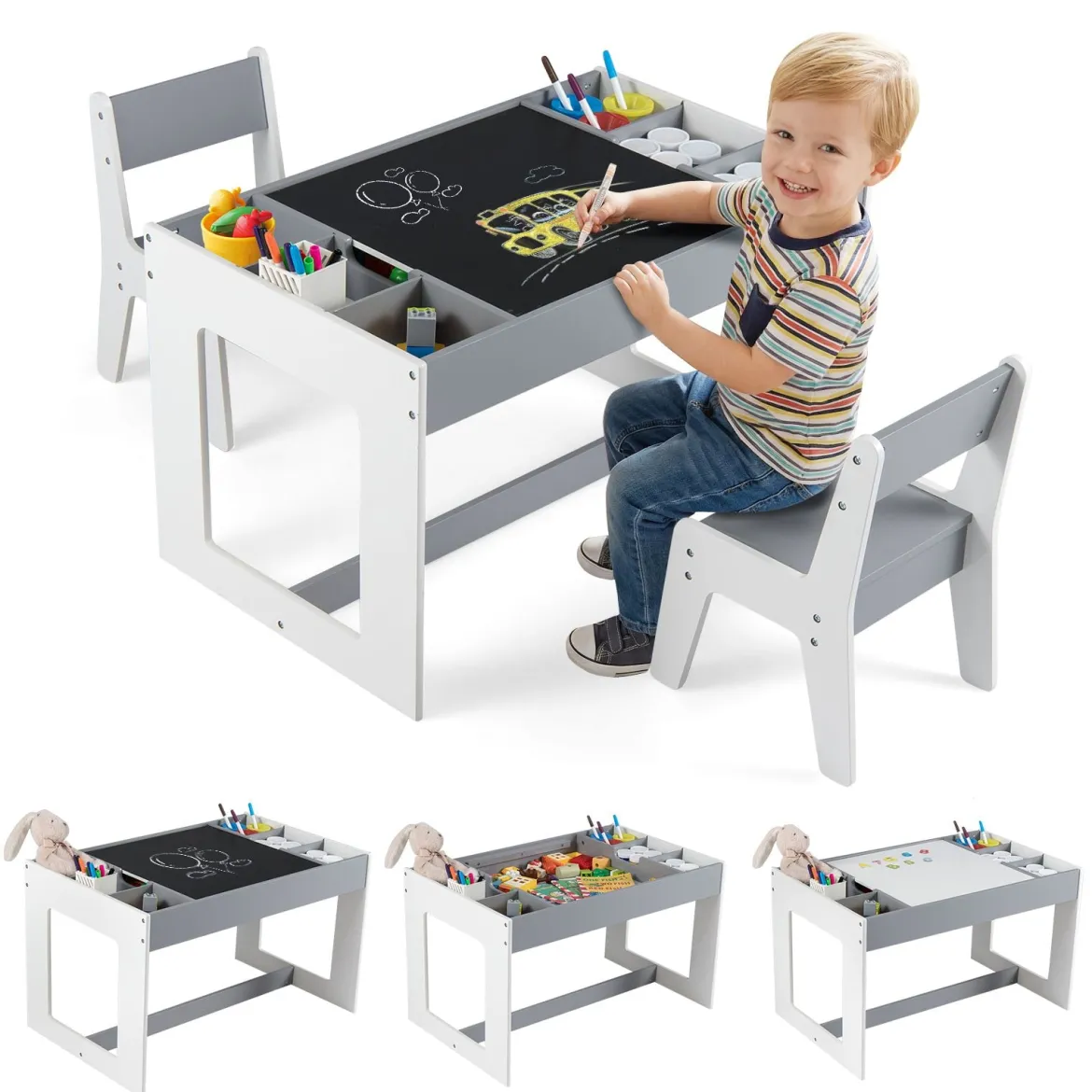 Multifunktionaler Kindertisch & 2 Stühle Set Sitzgruppe Kinder holz mit abnehmbarer doppelseitiger Tischplatte Grau