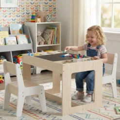 Multifunktionaler Kindertisch & 2 Stühle Set Sitzgruppe Kinder holz mit abnehmbarer doppelseitiger Tischplatte Natur