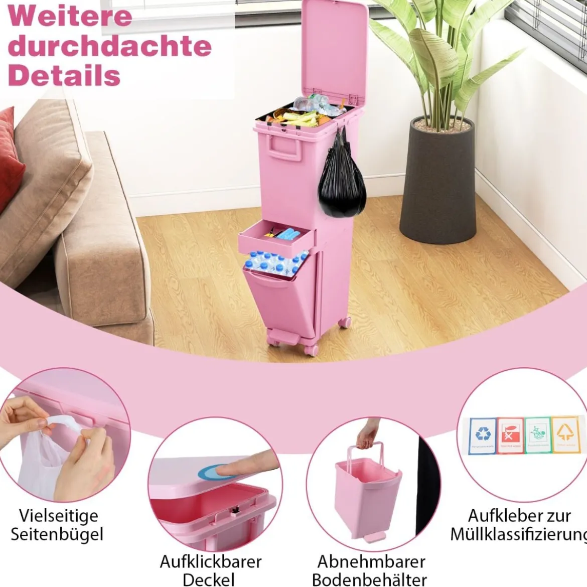 Multifunktionaler Müllbehälter Küchenabfalleimer mit kippbarem Bodeneimer Rosa