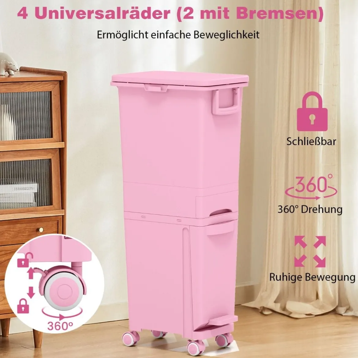 Multifunktionaler Müllbehälter Küchenabfalleimer mit kippbarem Bodeneimer Rosa