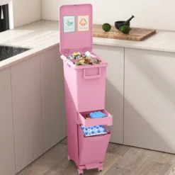 Multifunktionaler Müllbehälter Küchenabfalleimer mit kippbarem Bodeneimer Rosa