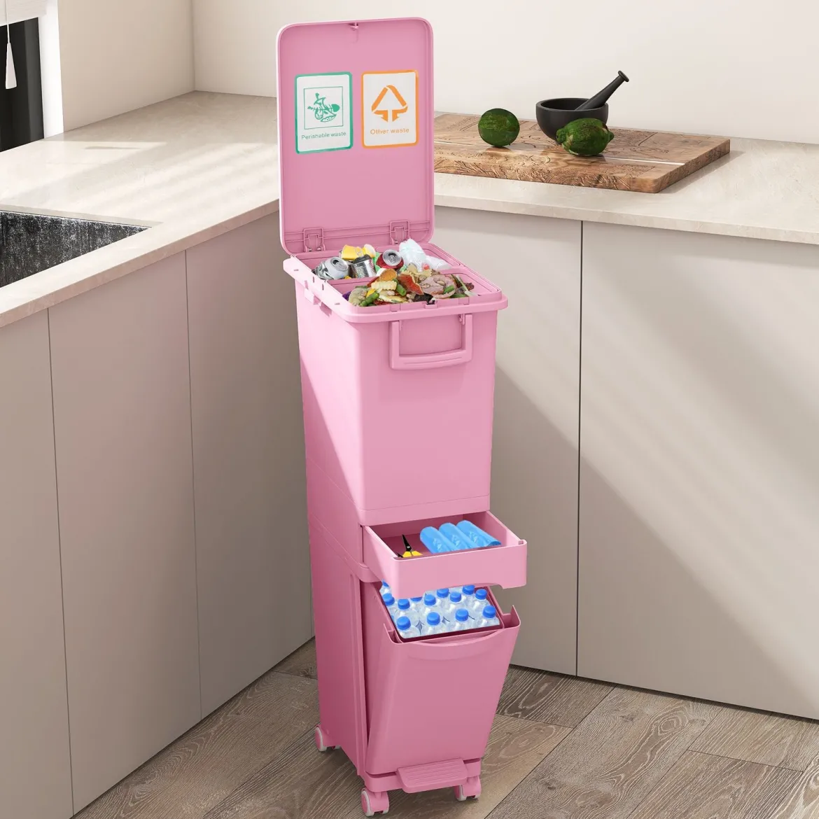 Multifunktionaler Müllbehälter Küchenabfalleimer mit kippbarem Bodeneimer Rosa