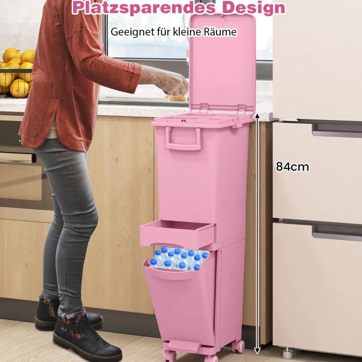 Multifunktionaler Müllbehälter Küchenabfalleimer mit kippbarem Bodeneimer Rosa