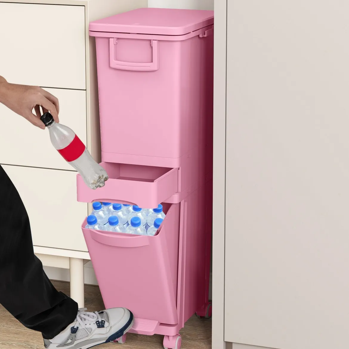 Multifunktionaler Müllbehälter Küchenabfalleimer mit kippbarem Bodeneimer Rosa