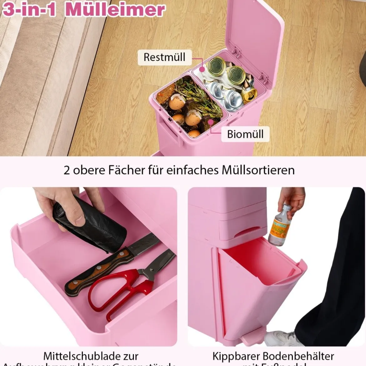 Multifunktionaler Müllbehälter Küchenabfalleimer mit kippbarem Bodeneimer Rosa