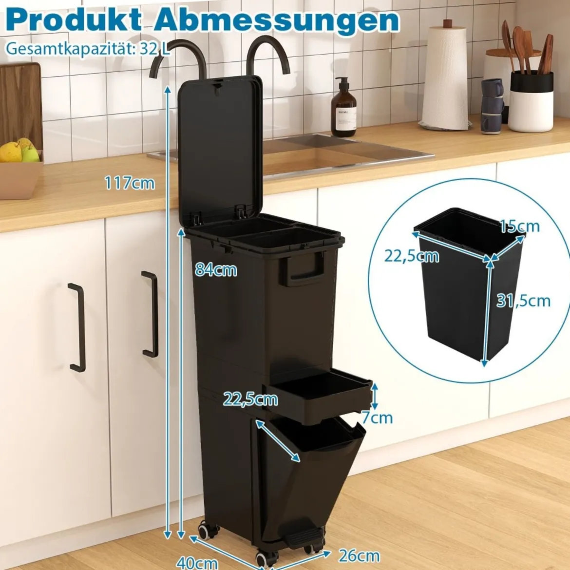 Multifunktionaler Müllbehälter Küchenabfalleimer mit kippbarem Bodeneimer Schwarz