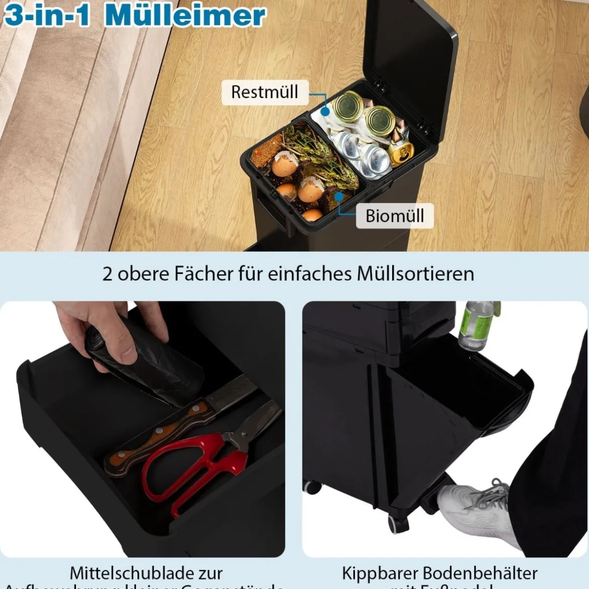 Multifunktionaler Müllbehälter Küchenabfalleimer mit kippbarem Bodeneimer Schwarz