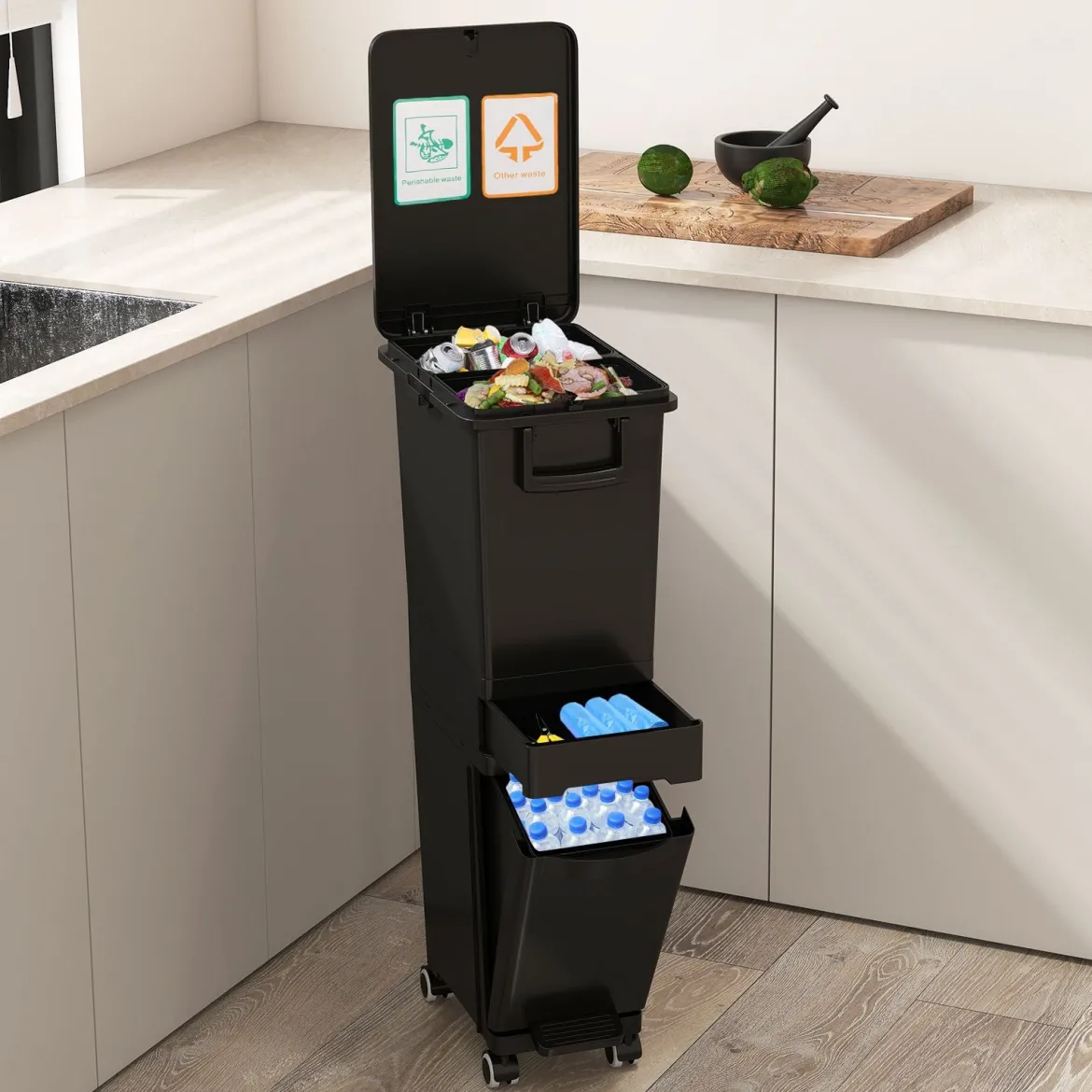Multifunktionaler Müllbehälter Küchenabfalleimer mit kippbarem Bodeneimer Schwarz