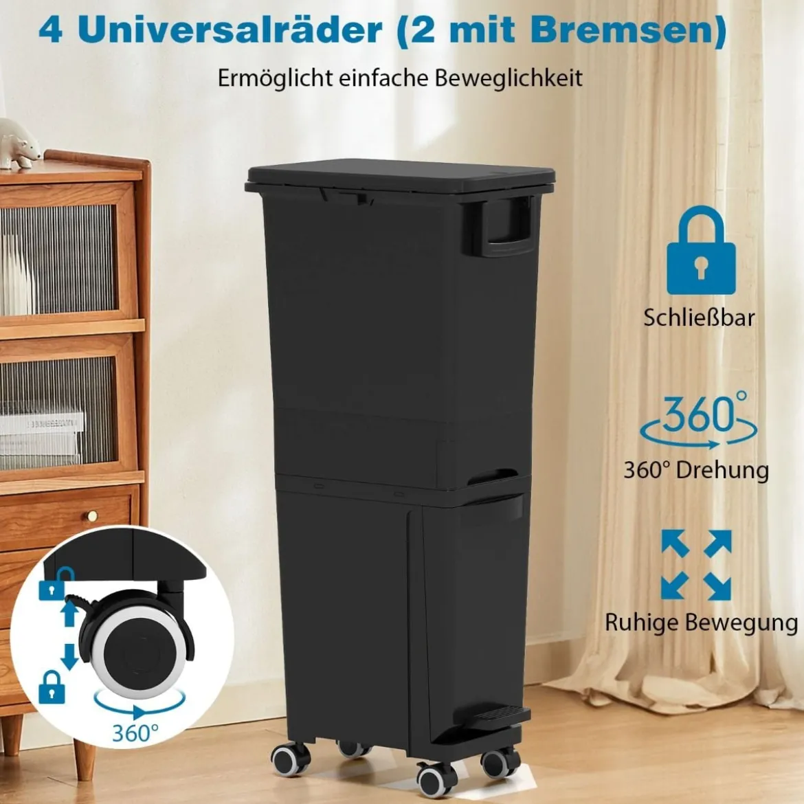 Multifunktionaler Müllbehälter Küchenabfalleimer mit kippbarem Bodeneimer Schwarz