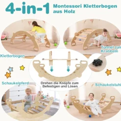 Multifunktionaler Schaukelbogen 4-in-1-Kletterspielzeug aus Holz Montessori-Spielset mit Kletterbogen Natur
