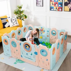 Multifunktionales Baby-Laufgitter mit 16 Teilen tragbarer Laufstall 60 x 62 cm Rosa + Hellblau