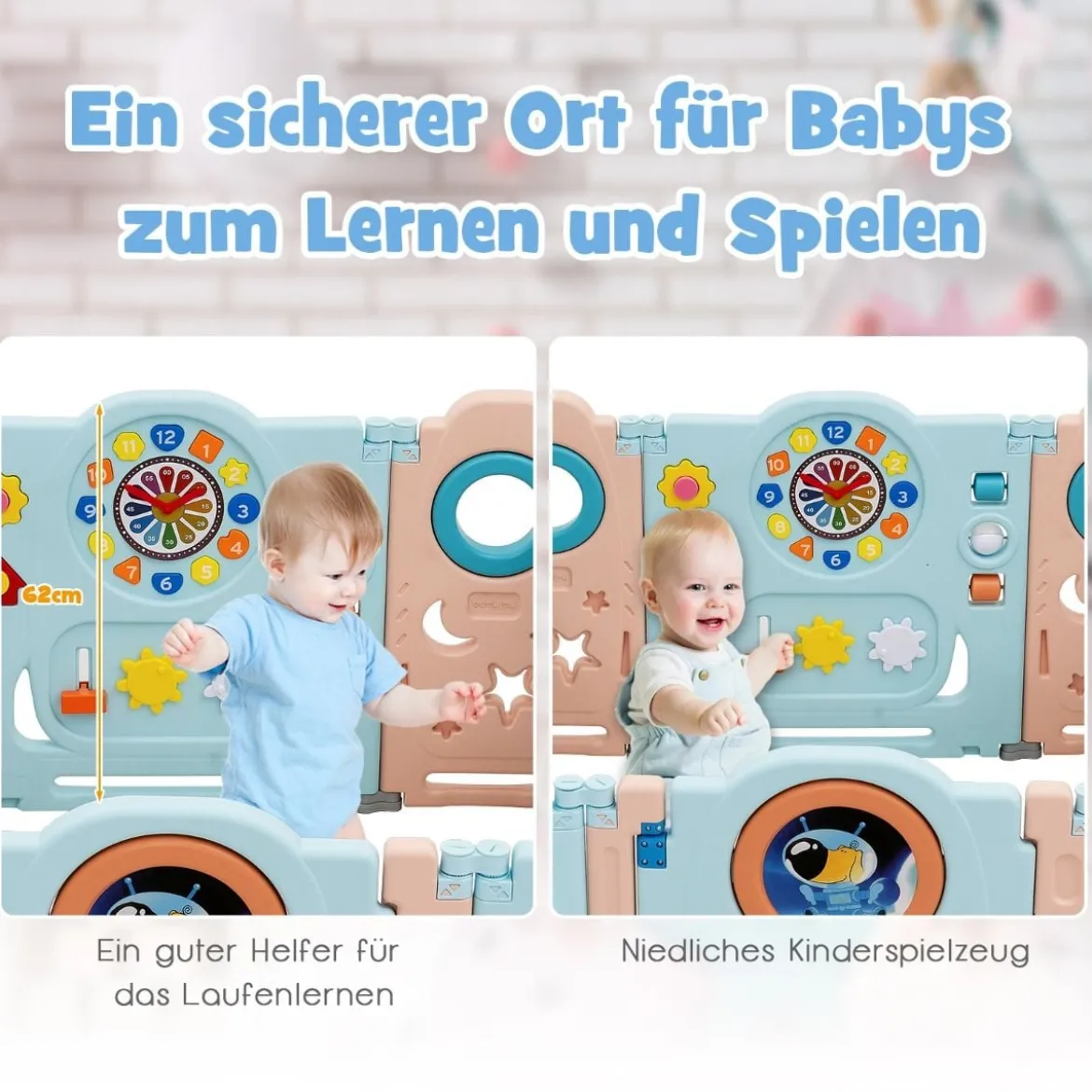 Multifunktionales Baby-Laufgitter mit 16 Teilen tragbarer Laufstall 60 x 62 cm Rosa + Hellblau