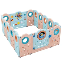 Multifunktionales Baby-Laufgitter mit 16 Teilen tragbarer Laufstall 60 x 62 cm Rosa + Hellblau