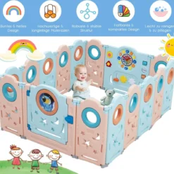 Multifunktionales Baby-Laufgitter mit 16 Teilen tragbarer Laufstall 60 x 62 cm Rosa + Hellblau