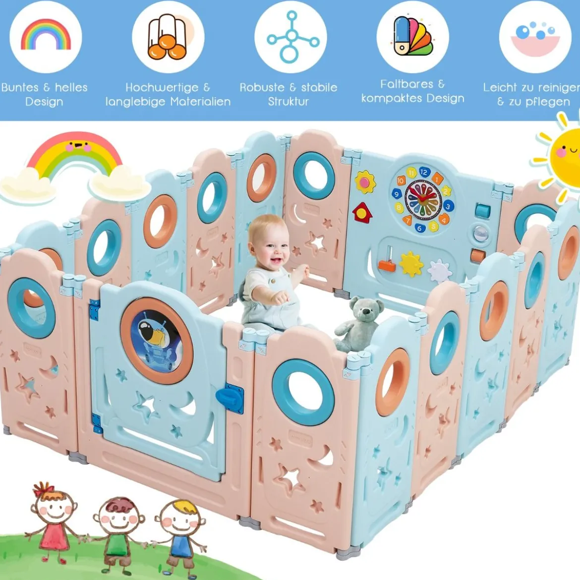 Multifunktionales Baby-Laufgitter mit 16 Teilen tragbarer Laufstall 60 x 62 cm Rosa + Hellblau