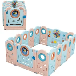 Multifunktionales Baby-Laufgitter mit 16 Teilen tragbarer Laufstall 60 x 62 cm Rosa + Hellblau
