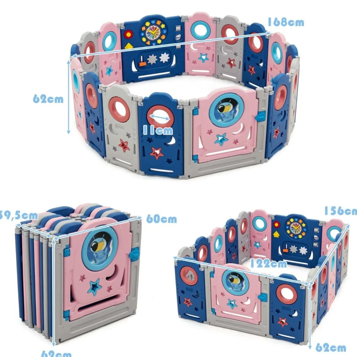 Multifunktionales Baby-Laufgitter mit Tür und Spielzeugboard 60 x 62 cm Rosa + Dunkelblau