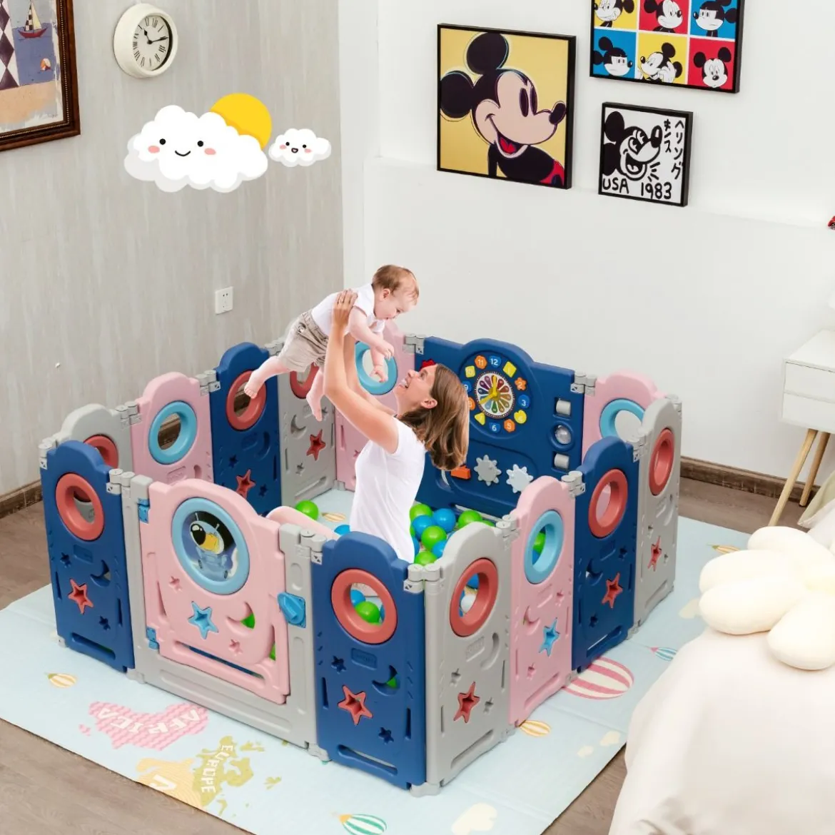 Multifunktionales Baby-Laufgitter mit Tür und Spielzeugboard 60 x 62 cm Rosa + Dunkelblau