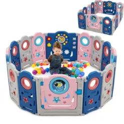 Multifunktionales Baby-Laufgitter mit Tür und Spielzeugboard 60 x 62 cm Rosa + Dunkelblau