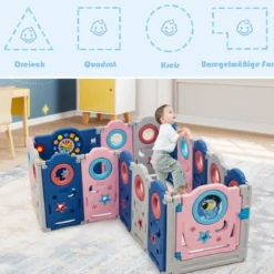 Multifunktionales Baby-Laufgitter mit Tür und Spielzeugboard 60 x 62 cm Rosa + Dunkelblau