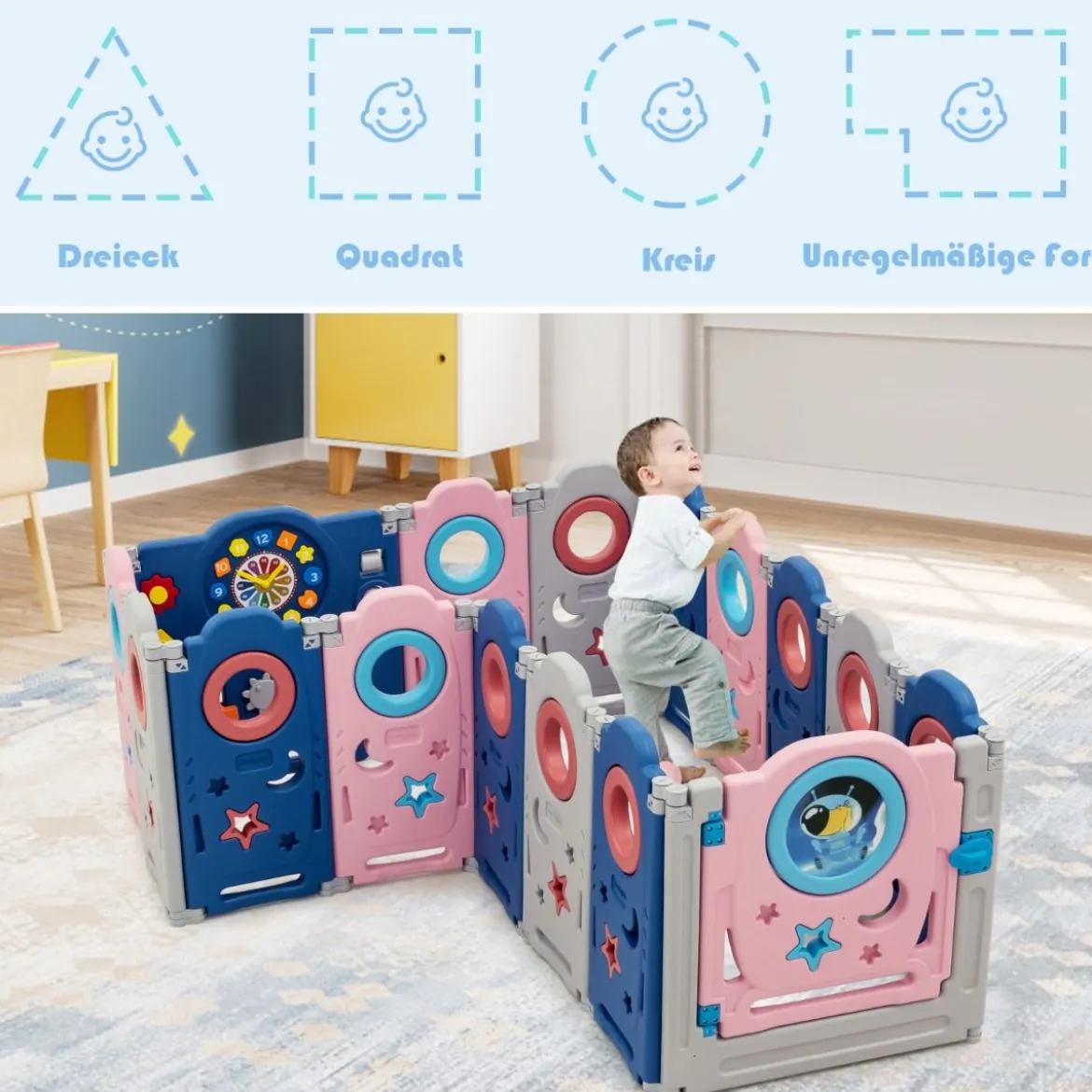 Multifunktionales Baby-Laufgitter mit Tür und Spielzeugboard 60 x 62 cm Rosa + Dunkelblau