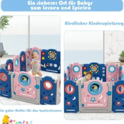 Multifunktionales Baby-Laufgitter mit Tür und Spielzeugboard 60 x 62 cm Rosa + Dunkelblau