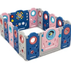 Multifunktionales Baby-Laufgitter mit Tür und Spielzeugboard 60 x 62 cm Rosa + Dunkelblau