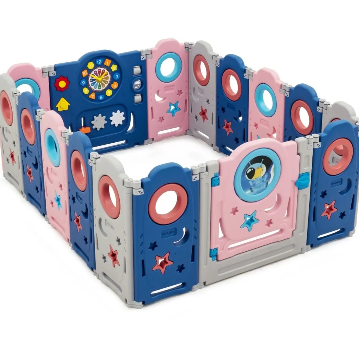 Multifunktionales Baby-Laufgitter mit Tür und Spielzeugboard 60 x 62 cm Rosa + Dunkelblau